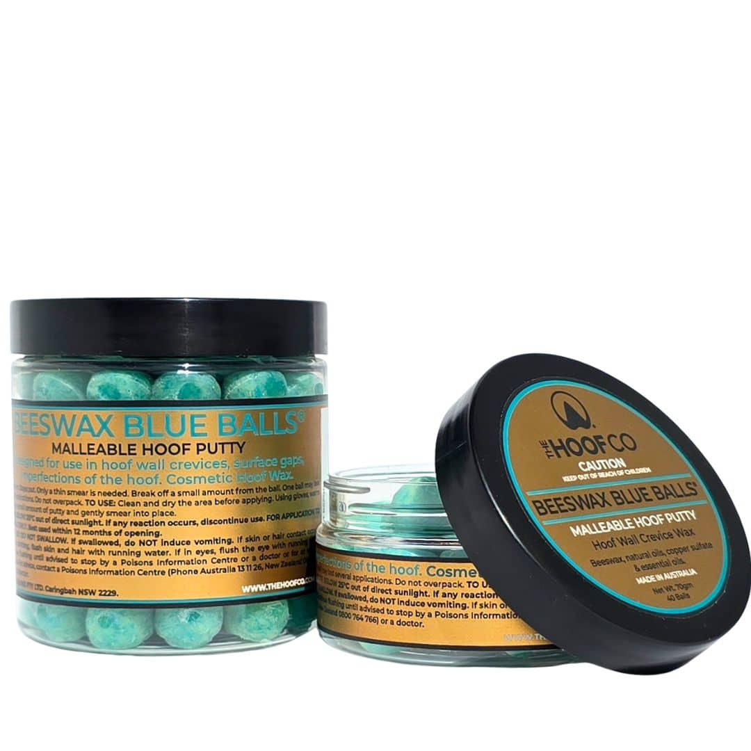 Beeswax Blue Balls seedy toe treatment for horses, applied directly to hoof cracks and separation for targeted hoof care