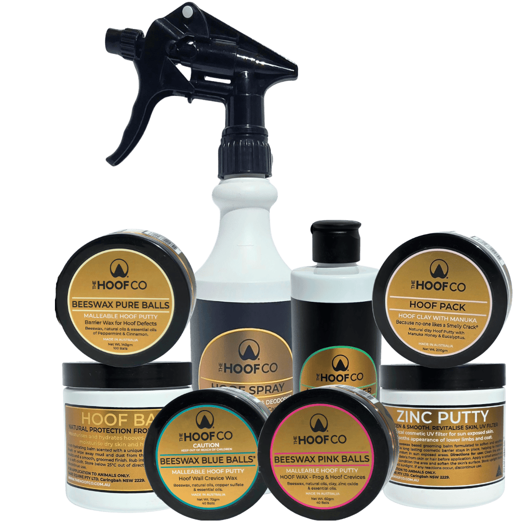 Complete hoof care package with eight natural hoof care products