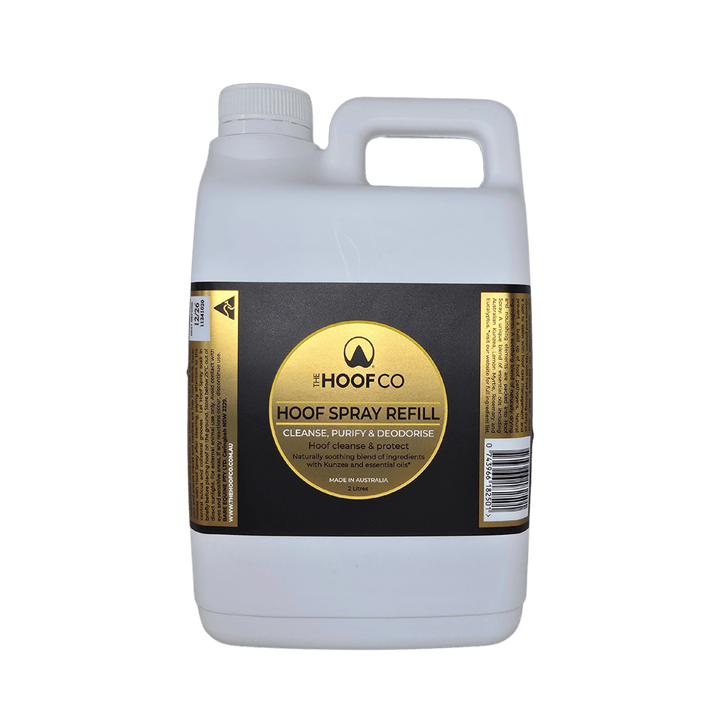 The Hoof Co Hoof Spray with Kunzea oil in a 2 litre refill container for horse hoof cleaning and odour control