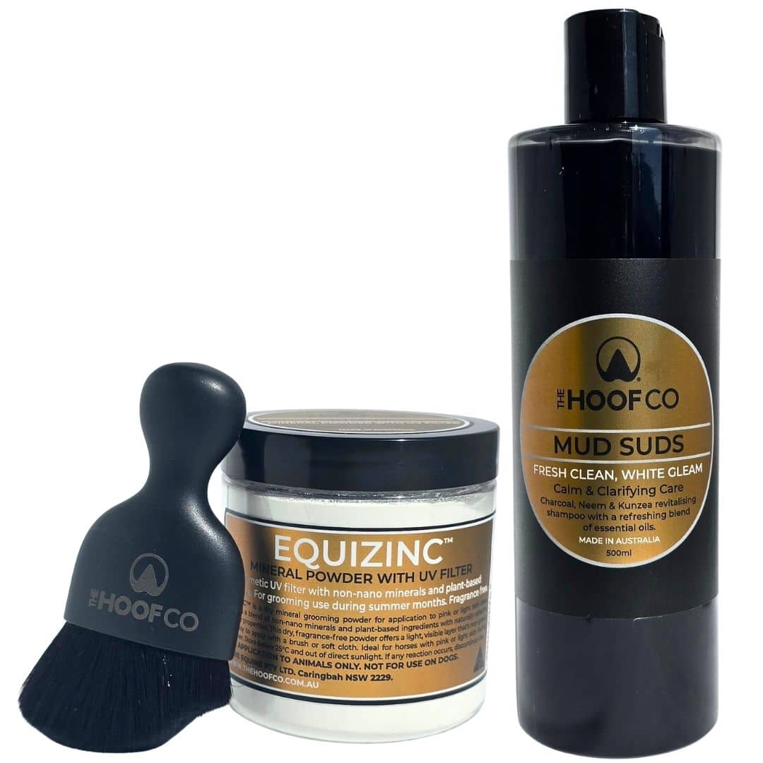 Clean & Cover horse grooming bundle with Mud Suds shampoo, EquiZinc mineral powder and Kabuki application brush