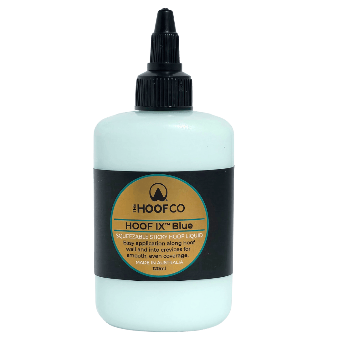 Hoof IX Blue squeezable hoof liquid applied to horse hoof wall and crevices