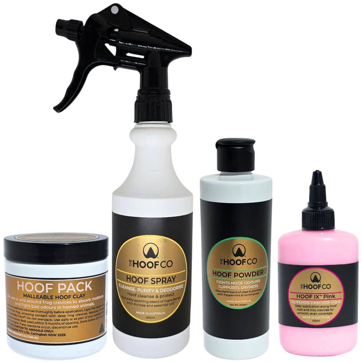 The Hoof Co Hoof Hygiene Kit Large - large horse hoof hygiene bundle with Hoof Spray, Hoof IX Pink, Hoof Pack Clay large and Hoof Powder