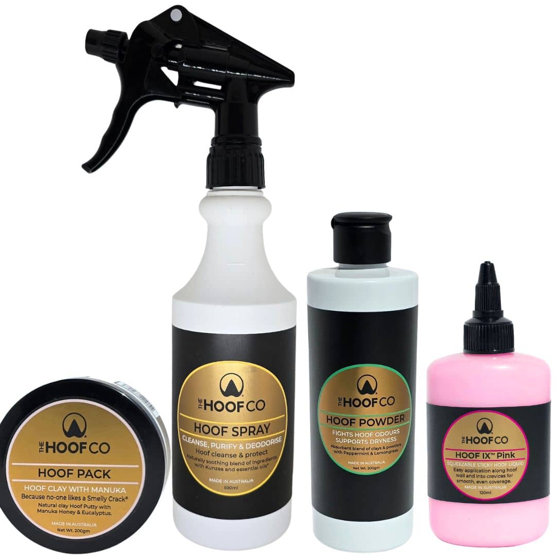 The Hoof Co Hoof Hygiene Kit - Hoof Spray, Hoof IX Pink, Hoof Pack Clay and Hoof Powder for horse frog and sole hygiene
