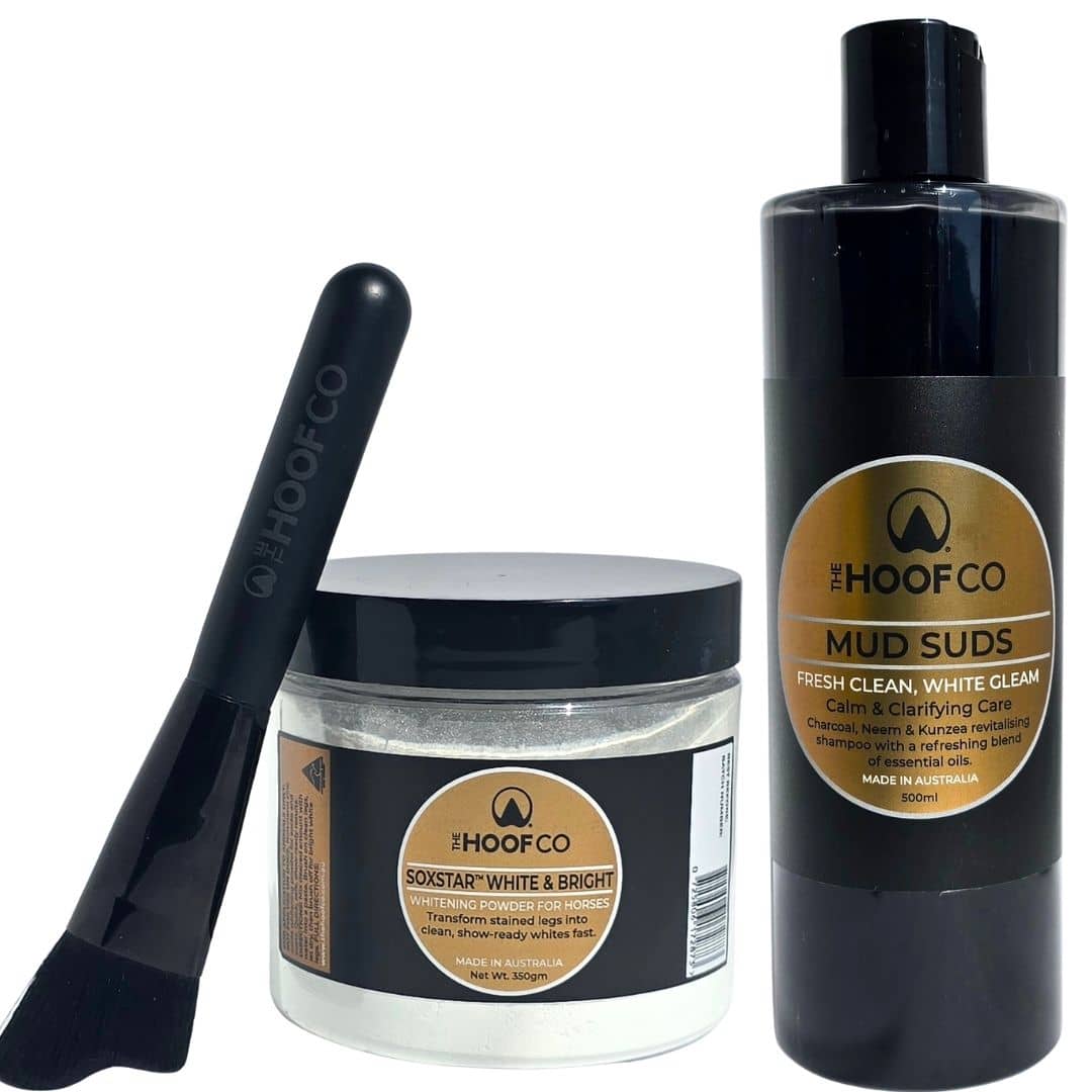 White & Bright horse whitening bundle with Mud Suds shampoo, Soxstar whitening powder and Kabuki applicator brush