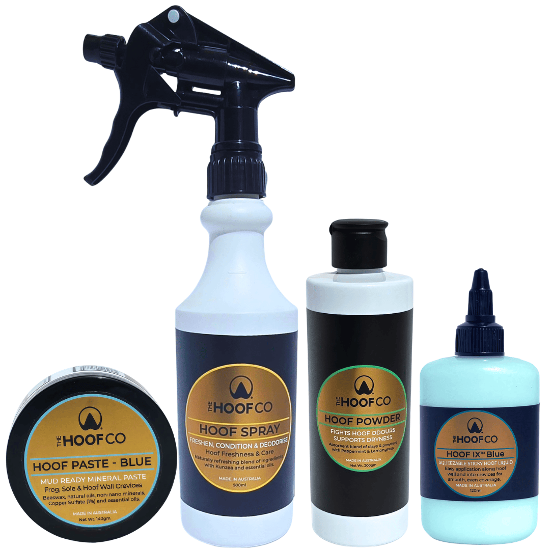 Wet Weather Hoof Care Bundle for horses with hoof spray, hoof powder, Hoof IX Blue and Hoof Paste Blue