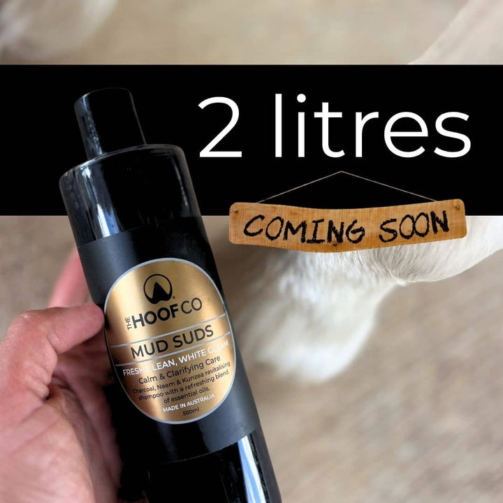 Mud Suds charcoal whitening and clarifying horse shampoo in a 2 litre jerry can with pump.