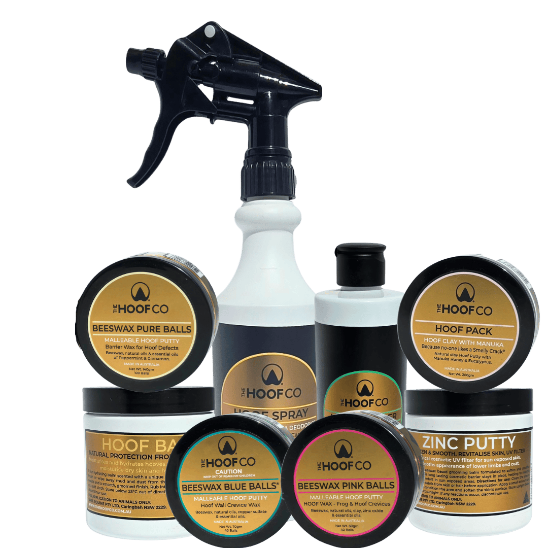 Complete hoof care package with eight natural hoof care products
